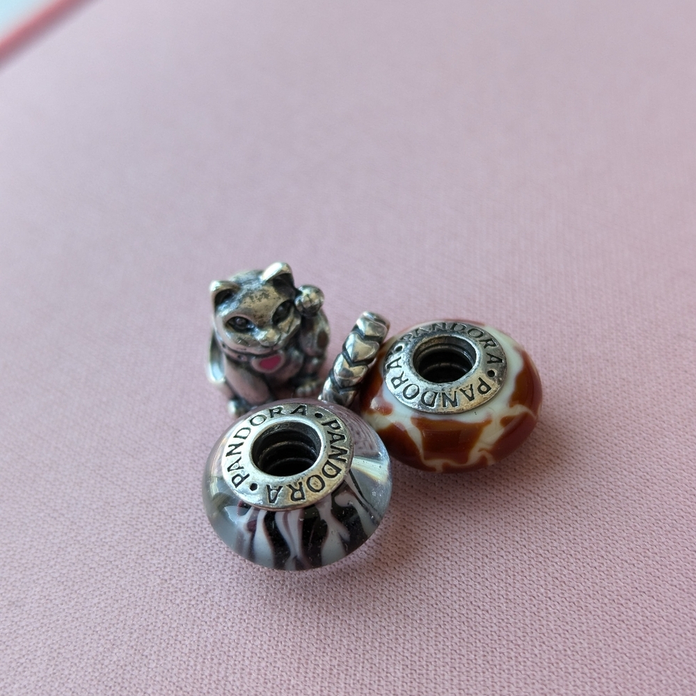 Pandora Charms Bundle - Lucky Cat, Heart, Giraffe, and Zebra